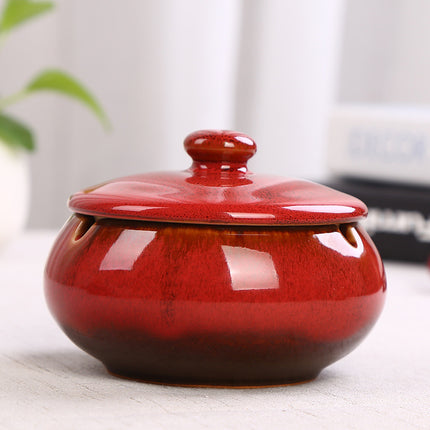 Ceramic Ashtray with Lid - Red - Wind Ashtray for Outdoor & Indoor Use - Glazed Earthenware.