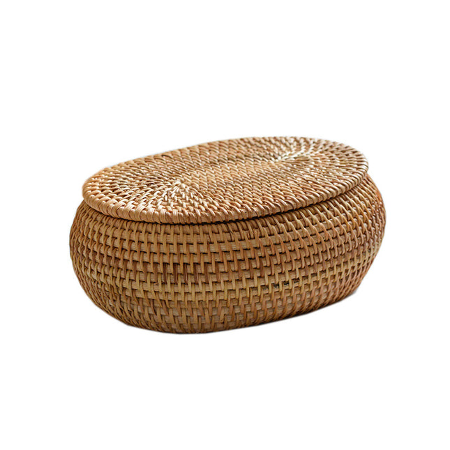 Tea Box - Rattan Storage Box - Hand-woven Storage Box with Lid - Multifunctional Desk Storage Basket - Suitable for home, farmhouse, kitchen, bathroom, picnic, storing food, bread, fruits and other tableware..