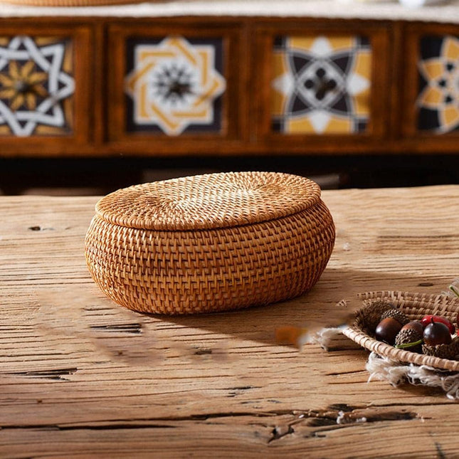 Tea Box - Rattan Storage Box - Hand-woven Storage Box with Lid - Multifunctional Desk Storage Basket - Suitable for home, farmhouse, kitchen, bathroom, picnic, storing food, bread, fruits and other tableware..