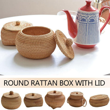 Tea Box - Rattan Storage Box - Hand-woven Storage Box with Lid - Multifunctional Desk Storage Basket - Suitable for home, farmhouse, kitchen, bathroom, picnic, storing food, bread, fruits and other tableware..