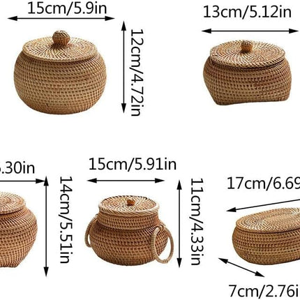 Tea Box - Rattan Storage Box - Hand-woven Storage Box with Lid - Multifunctional Desk Storage Basket - Suitable for home, farmhouse, kitchen, bathroom, picnic, storing food, bread, fruits and other tableware..