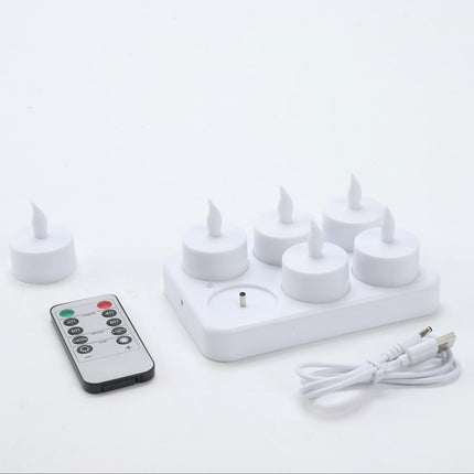 Rechargeable LED Candles with - Electronic Candle - Plastic Tea Lamp - Halloween, Birthday, Valentine's Day Home Decor - Rechargeable - 6 Seats - White.