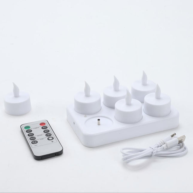 Rechargeable LED Candles with - Electronic Candle - Plastic Tea Lamp - Halloween, Birthday, Valentine's Day Home Decor - Rechargeable - 6 Seats - White.