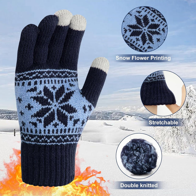 3 Pairs Touch Screen Gloves with Snow Flower Pattern, Warm Knit Winter Gloves Christmas Gifts Stocking Stuffers for Women Black Light Gray Navy Blue.