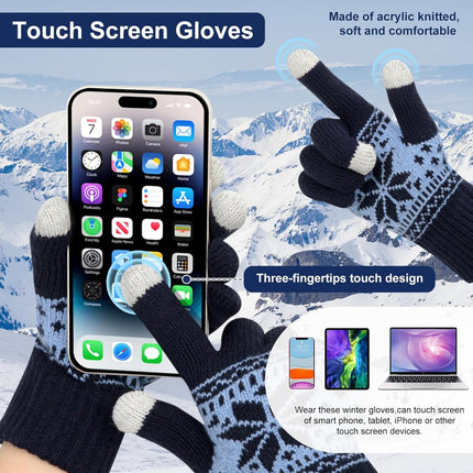 3 Pairs Touch Screen Gloves with Snow Flower Pattern, Warm Knit Winter Gloves Christmas Gifts Stocking Stuffers for Women Black Light Gray Navy Blue.