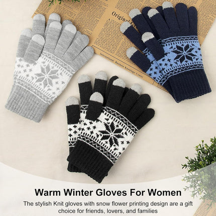 3 Pairs Touch Screen Gloves with Snow Flower Pattern, Warm Knit Winter Gloves Christmas Gifts Stocking Stuffers for Women Black Light Gray Navy Blue.