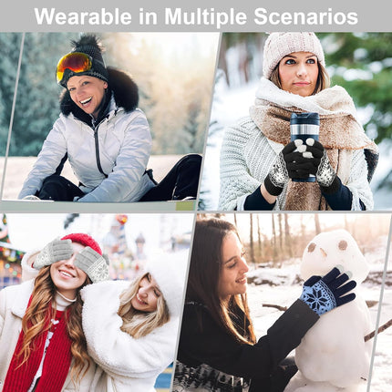 3 Pairs Touch Screen Gloves with Snow Flower Pattern, Warm Knit Winter Gloves Christmas Gifts Stocking Stuffers for Women Black Light Gray Navy Blue.