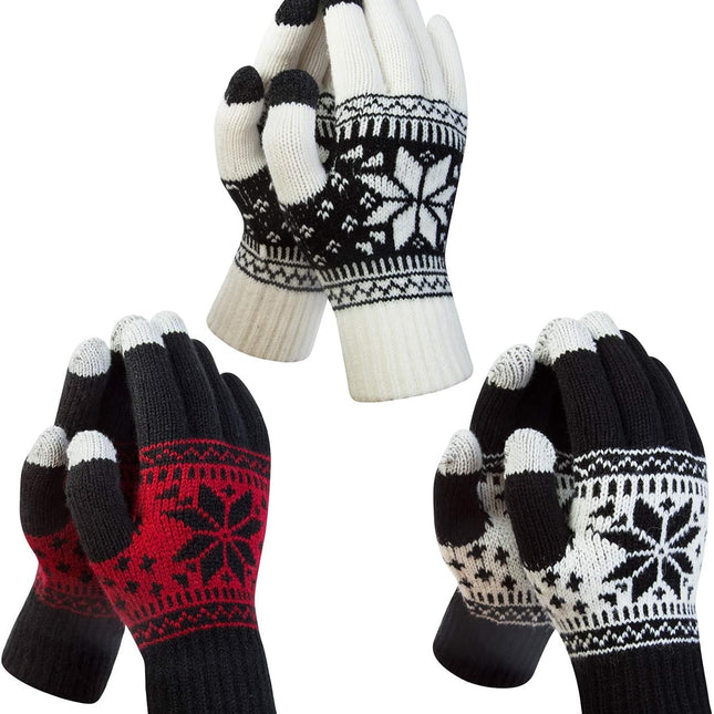 3 Pairs Touch Screen Gloves with Snow Flower Pattern, Warm Knit Winter Gloves Christmas Gifts Stocking Stuffers for Women Black White Red.