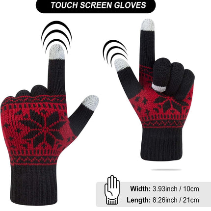 3 Pairs Touch Screen Gloves with Snow Flower Pattern, Warm Knit Winter Gloves Christmas Gifts Stocking Stuffers for Women Black White Red.