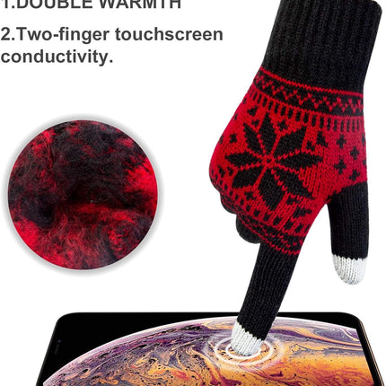 3 Pairs Touch Screen Gloves with Snow Flower Pattern, Warm Knit Winter Gloves Christmas Gifts Stocking Stuffers for Women Black White Red.
