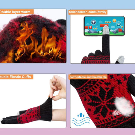 3 Pairs Touch Screen Gloves with Snow Flower Pattern, Warm Knit Winter Gloves Christmas Gifts Stocking Stuffers for Women Black White Red.