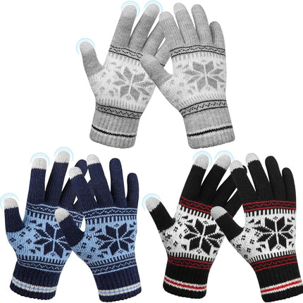 3 Pairs Touch Screen Gloves with Snow Flower Pattern, Warm Knit Winter Gloves Christmas Gifts Stocking Stuffers for Women Gray Blue White.