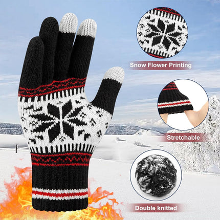 3 Pairs Touch Screen Gloves with Snow Flower Pattern, Warm Knit Winter Gloves Christmas Gifts Stocking Stuffers for Women Gray Blue White.