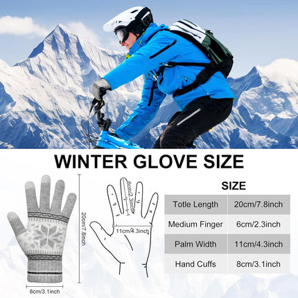 3 Pairs Touch Screen Gloves with Snow Flower Pattern, Warm Knit Winter Gloves Christmas Gifts Stocking Stuffers for Women Gray Blue White.