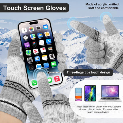 3 Pairs Touch Screen Gloves with Snow Flower Pattern, Warm Knit Winter Gloves Christmas Gifts Stocking Stuffers for Women Gray Blue White.