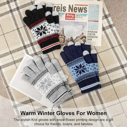 3 Pairs Touch Screen Gloves with Snow Flower Pattern, Warm Knit Winter Gloves Christmas Gifts Stocking Stuffers for Women Gray Blue White.