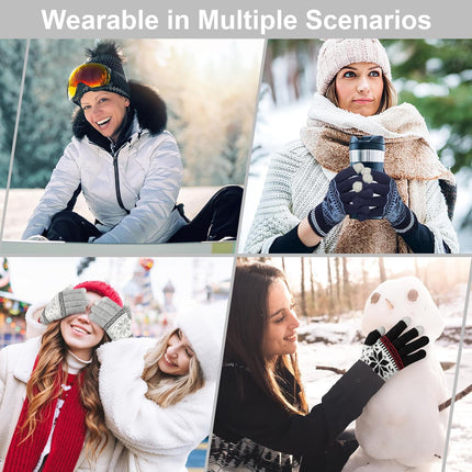 3 Pairs Touch Screen Gloves with Snow Flower Pattern, Warm Knit Winter Gloves Christmas Gifts Stocking Stuffers for Women Gray Blue White.