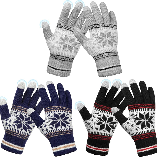3 Pairs Touch Screen Gloves with Snow Flower Pattern, Warm Knit Winter Gloves Christmas Gifts Stocking Stuffers for Women Gray Navy Blue Black.