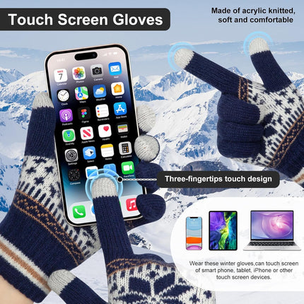 3 Pairs Touch Screen Gloves with Snow Flower Pattern, Warm Knit Winter Gloves Christmas Gifts Stocking Stuffers for Women Gray Navy Blue Black.