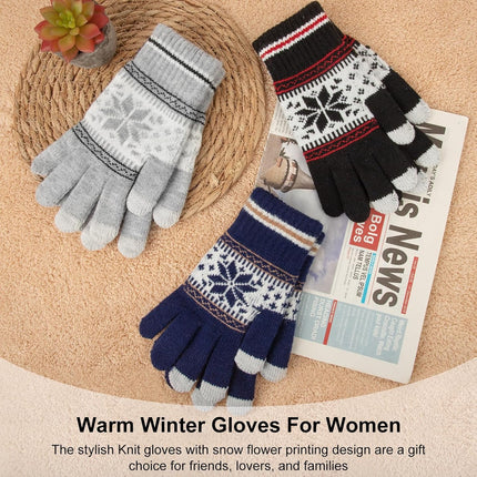 3 Pairs Touch Screen Gloves with Snow Flower Pattern, Warm Knit Winter Gloves Christmas Gifts Stocking Stuffers for Women Gray Navy Blue Black.
