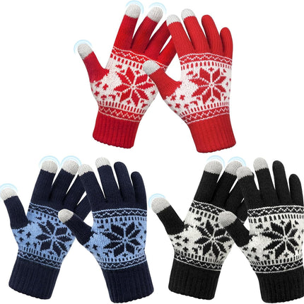 3 Pairs Touch Screen Gloves with Snow Flower Pattern, Warm Knit Winter Gloves Christmas Gifts Stocking Stuffers for Women Red1 Blue White.