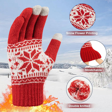 3 Pairs Touch Screen Gloves with Snow Flower Pattern, Warm Knit Winter Gloves Christmas Gifts Stocking Stuffers for Women Red1 Blue White.