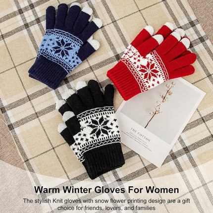 3 Pairs Touch Screen Gloves with Snow Flower Pattern, Warm Knit Winter Gloves Christmas Gifts Stocking Stuffers for Women Red1 Blue White.