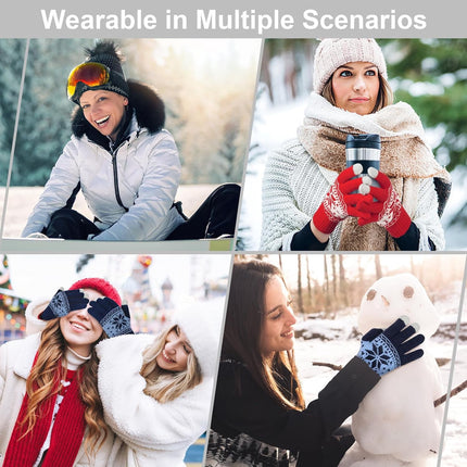 3 Pairs Touch Screen Gloves with Snow Flower Pattern, Warm Knit Winter Gloves Christmas Gifts Stocking Stuffers for Women Red1 Blue White.