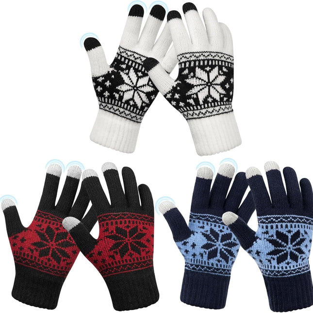 3 Pairs Touch Screen Gloves with Snow Flower Pattern, Warm Knit Winter Gloves Christmas Gifts Stocking Stuffers for Women White Blue Red.