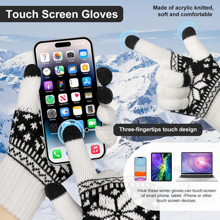 3 Pairs Touch Screen Gloves with Snow Flower Pattern, Warm Knit Winter Gloves Christmas Gifts Stocking Stuffers for Women White Blue Red.
