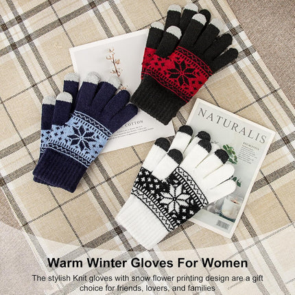 3 Pairs Touch Screen Gloves with Snow Flower Pattern, Warm Knit Winter Gloves Christmas Gifts Stocking Stuffers for Women White Blue Red.