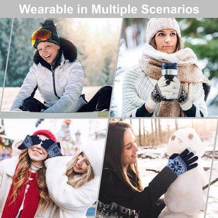 3 Pairs Touch Screen Gloves with Snow Flower Pattern, Warm Knit Winter Gloves Christmas Gifts Stocking Stuffers for Women White Blue Red.