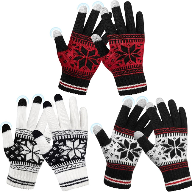 3 Pairs Touch Screen Gloves with Snow Flower Pattern, Warm Knit Winter Gloves Christmas Gifts Stocking Stuffers for Women White Red Black.