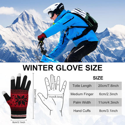 3 Pairs Touch Screen Gloves with Snow Flower Pattern, Warm Knit Winter Gloves Christmas Gifts Stocking Stuffers for Women White Red Black.
