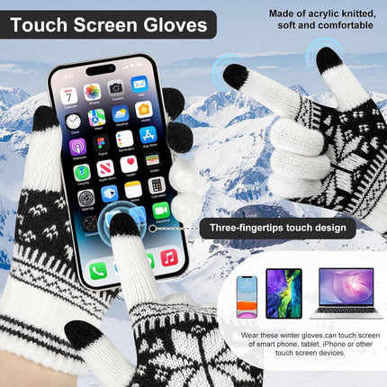 3 Pairs Touch Screen Gloves with Snow Flower Pattern, Warm Knit Winter Gloves Christmas Gifts Stocking Stuffers for Women White Red Black.