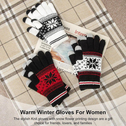 3 Pairs Touch Screen Gloves with Snow Flower Pattern, Warm Knit Winter Gloves Christmas Gifts Stocking Stuffers for Women White Red Black.
