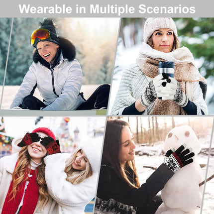 3 Pairs Touch Screen Gloves with Snow Flower Pattern, Warm Knit Winter Gloves Christmas Gifts Stocking Stuffers for Women White Red Black.