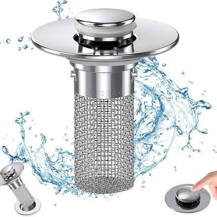 Bathroom Sink Drain Stopper - Pop Up Drain Plug with 1 Replacement Filters Basket, Removable Stainless Steel Floor Drain Filter, Anti Clogging Sink Strainer Hair Catcher for Washroom (Silver).