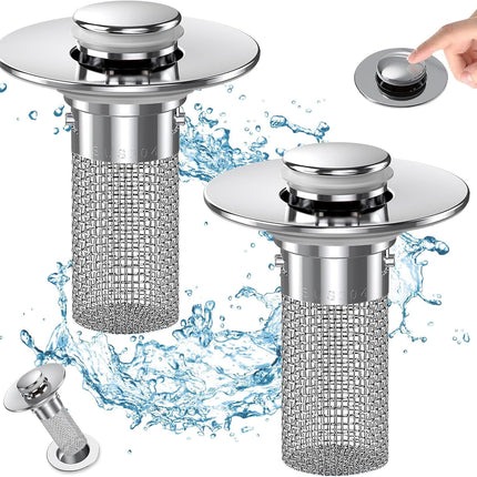 Bathroom Sink Drain Stopper - Pop Up Drain Plug with 1 Replacement Filters Basket, Removable Stainless Steel Floor Drain Filter, Anti Clogging Sink Strainer Hair Catcher for Washroom (Silver).