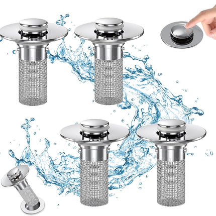 Bathroom Sink Drain Stopper - Pop Up Drain Plug with 1 Replacement Filters Basket, Removable Stainless Steel Floor Drain Filter, Anti Clogging Sink Strainer Hair Catcher for Washroom (Silver).