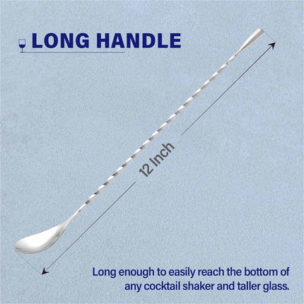 Bar Spoon Cocktail Mixing Stirrers for Drink, Stainless Steel 12 Inches Long Handle, Silver 4 Pieces.