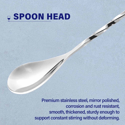 Bar Spoon Cocktail Mixing Stirrers for Drink, Stainless Steel 12 Inches Long Handle, Silver 4 Pieces.