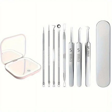 BYXAS Pimple Popper Tool Kit, 8 PCS Professional Stainless Steel Blackhead Remover Comedone Extractor Tools for Removing Zit on Face - Acne Removal Kit with Metal Case (Silver) 8 PCS with Makeup Mirror.