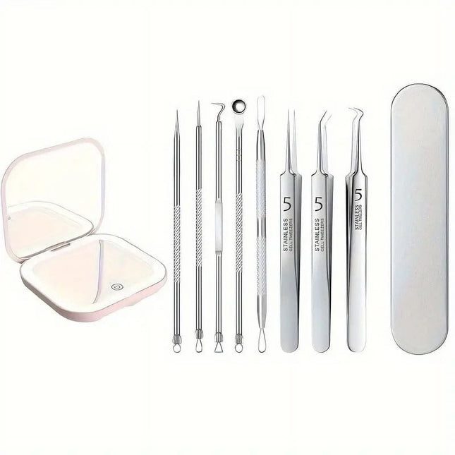 BYXAS Pimple Popper Tool Kit, 8 PCS Professional Stainless Steel Blackhead Remover Comedone Extractor Tools for Removing Zit on Face - Acne Removal Kit with Metal Case (Silver) 8 PCS with Makeup Mirror.