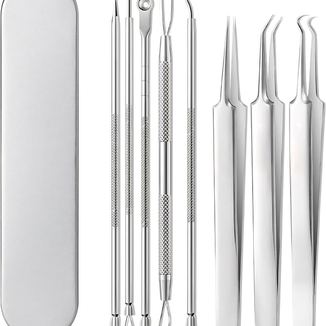 BYXAS Pimple Popper Tool Kit, 8 PCS Professional Stainless Steel Blackhead Remover Comedone Extractor Tools for Removing Zit on Face - Acne Removal Kit with Metal Case (Silver) 8PCS.