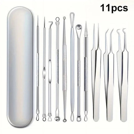 BYXAS Pimple Popper Tool Kit, 8 PCS Professional Stainless Steel Blackhead Remover Comedone Extractor Tools for Removing Zit on Face - Acne Removal Kit with Metal Case (Silver) 11PCS.