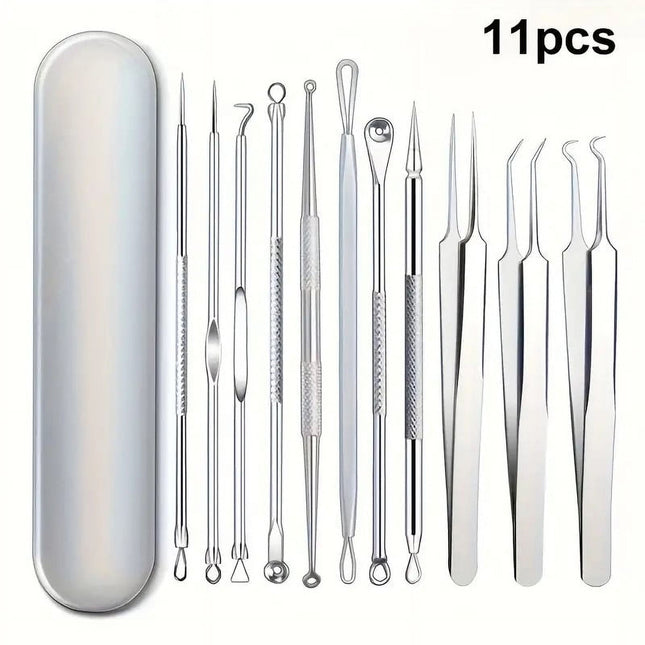BYXAS Pimple Popper Tool Kit, 8 PCS Professional Stainless Steel Blackhead Remover Comedone Extractor Tools for Removing Zit on Face - Acne Removal Kit with Metal Case (Silver) 11PCS.