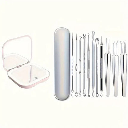 BYXAS Pimple Popper Tool Kit, 8 PCS Professional Stainless Steel Blackhead Remover Comedone Extractor Tools for Removing Zit on Face - Acne Removal Kit with Metal Case (Silver) 11PCS with Makeup Mirror.