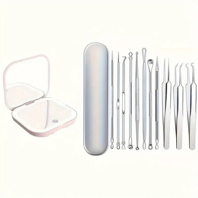 BYXAS Pimple Popper Tool Kit, 8 PCS Professional Stainless Steel Blackhead Remover Comedone Extractor Tools for Removing Zit on Face - Acne Removal Kit with Metal Case (Silver) 11PCS with Makeup Mirror.