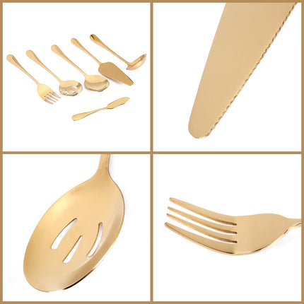 6-Piece Gold Stainless Steel Serving Flatware Set.